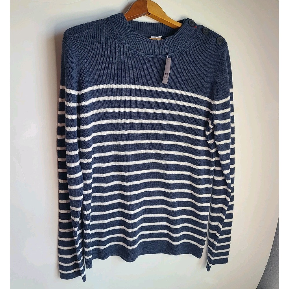 Gap Women's Nautical Knit Crewneck Sweater Large Buttons Blue‎ Stripe NEW